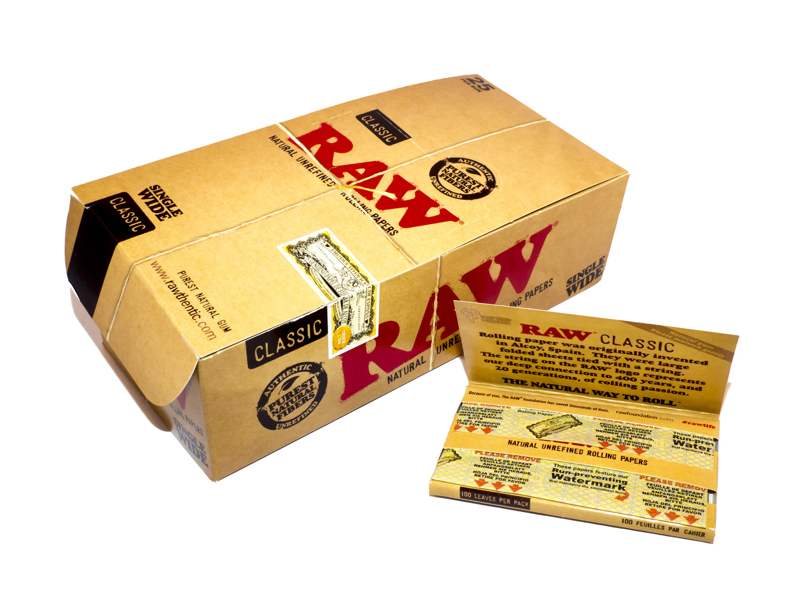 Box of 25 RAW Classic Single Wide Paper Double Natural Smoking Tobacco