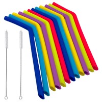 12 Reusable Curved Silicone Straws with 2 Cleaning Brushes Assorted Colours