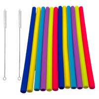 12 Reusable Straight Silicone Straws with 2 Cleaning Brushes Assorted Colours