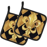Pair of Pot Holders Caroline's Treasures Black & Gold Fleur De Lis New Orleans -19cm
