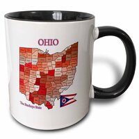 Map, Flag and Nickname of Ohio with All Counties Coloured and Labeled - Two Tone Black Mug, 325 ml (11oz) Black/White - 3dRose
