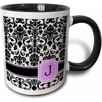 Personal Initial J Monogrammed Pink Black and White Damask Pattern Girly Stylish Personalised Letter - Two Tone Black Mug, 325 ml (11oz) Black/White -