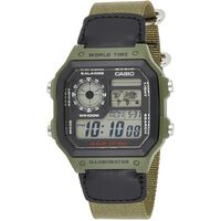Casio AE-1200WHB-3B Green Nylon Band Digital World Time Square Men's Sport Watch