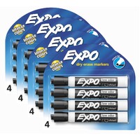 4 X EXPO Low Odour Dry Erase Markers Chisel Tip Black 4 Pack - 16 Markers Total