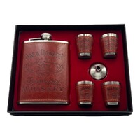 Jack Daniels Hip Flask and Shot Glass Gift Set Stainless Steel Leather 8oz