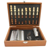 Wood Chess Set, 8oz Stainless Steel Hip Flask, Shot Glasses, Bottle Opener Gift 