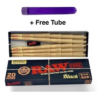Raw Black Ultra Fine Natural 1 1/4 Pre Rolled Paper Cones 20 Pack + Free Tube