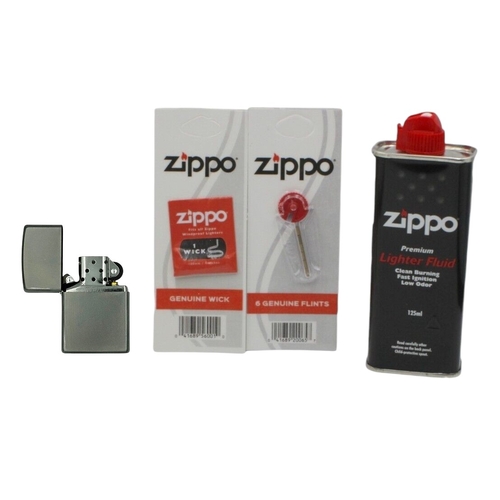 Zippo Satin Chrome Lighter + Cigarette Lighter Refill Fluid 125ml+Wick+Flints
