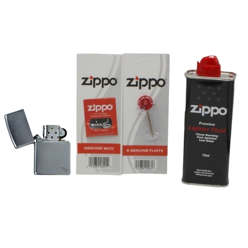 Zippo Street Chrome Lighter + Cigarette Lighter Refill Fluid 125ml+Wick+Flints