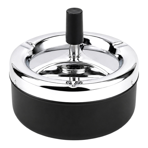 Ashtray Push Down Spinning Lid Wind Resistant Tabletop Ash Holder Black Silver