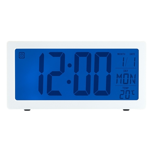 Digital Alarm Clock Blue LED Display Time Date Temp Snooze White 14cm