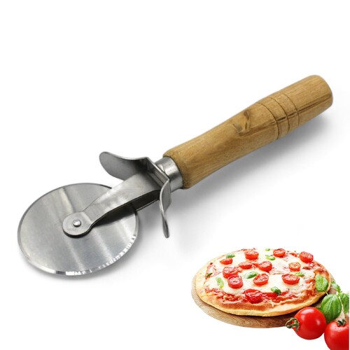 Pizza Cutter Stainless Steel Slicer Wooden Handle Wheel Chopper Kitchen Blade