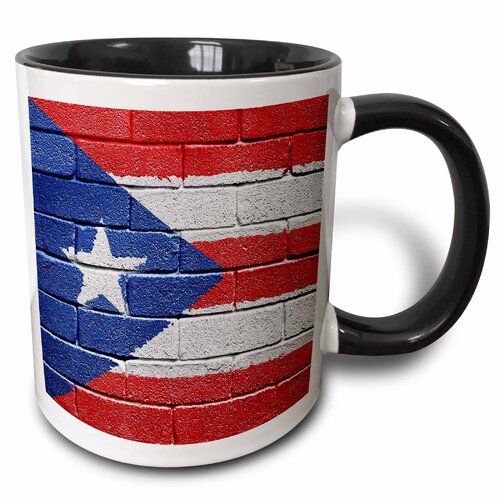 National Flag of Puerto Rico Painted onto a Brick Wall Rican - Two Tone Black Mug, 325 ml (11oz) - 3dRose