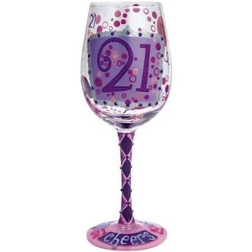 Lolita Love My Wine 21st Birthday hand-painted 15 oz. Wine Glass