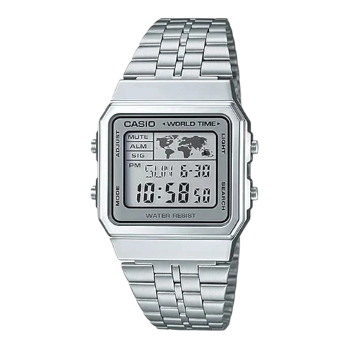Casio A500WA-7 Unisex Digital Watch World Time World Map Steel Band LED