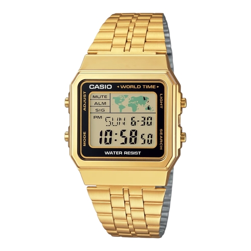 Casio A500WGA-1 Mens Digital Watch Gold Band Black Dial World Time LED Alarm