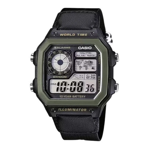 Casio AE-1200WHB-1B Mens Digital World Time Cloth Band Watch 10YR Battery
