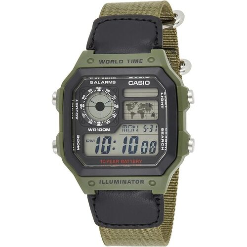 Casio AE-1200WHB-3B Green Nylon Band Digital World Time Square Men&#39;s Sport Watch