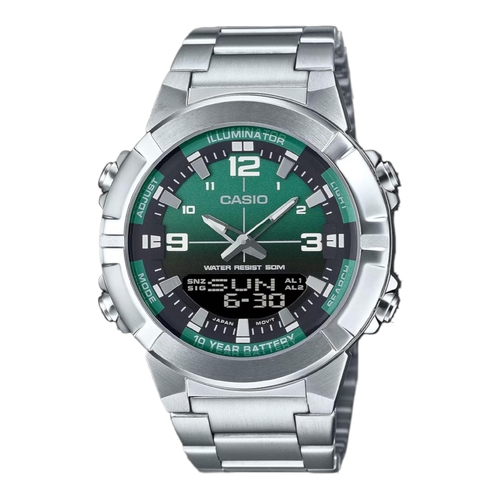 Casio AMW-870DA-3AV Mens Watch Green Dial Steel Band Analog Digital 50M