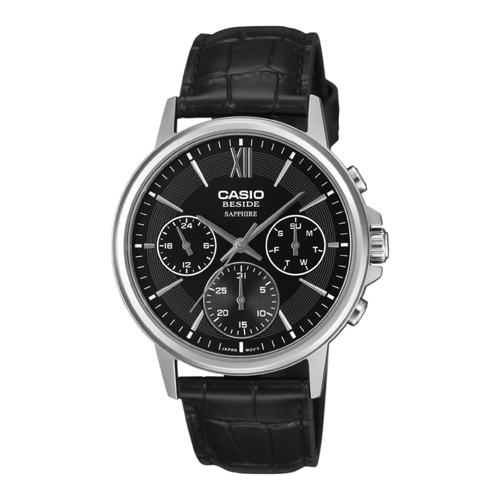 Casio Beside BMS-300L-1A Mens Analog Watch Black Leather Sapphire 50M