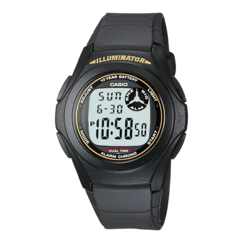 Casio F-200W-9A Unisex Digital Watch Black Resin Gold Accent LED 10YR