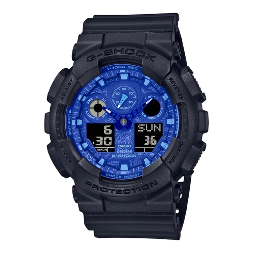 Casio G-SHOCK GA-100BP-1A Mens Blue Black Paisley Analog Digital Shock Watch