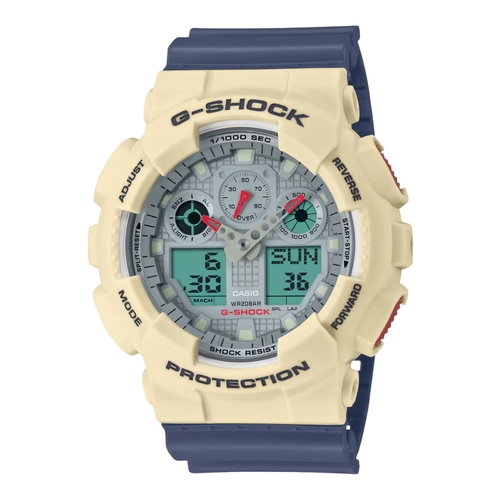 Casio G-SHOCK GA-100PC-7A2 Mens Cream Navy Retro Analog Digital Shock Watch