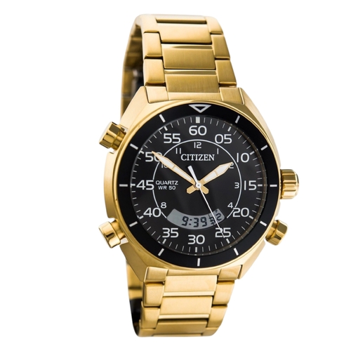 Citizen JM5472-52E Mens Watch Eco-Drive Chronograph Black Dial Gold Band