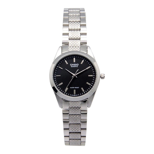 Casio LTP-1274D-1A Womens Analog Watch Silver Steel Band Black Dial 50M