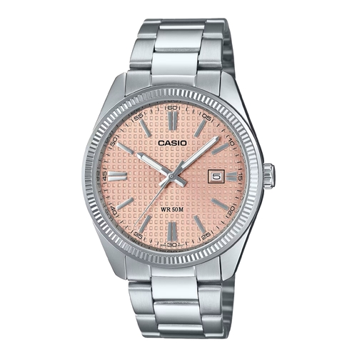 Casio MTP-1302PE-4A Mens Pink Waffle Dial Date Stainless Steel Bracelet Watch