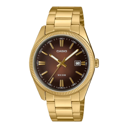 Casio MTP-1302PGC-5A Mens Brown Dial Gold Stainless Steel Bracelet Watch 50m
