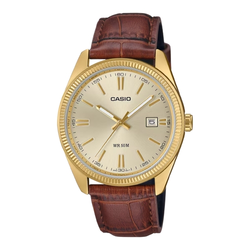 Casio MTP-1302PGL-9A Mens Gold Tone Genuine Leather Date Mineral Glass Watch