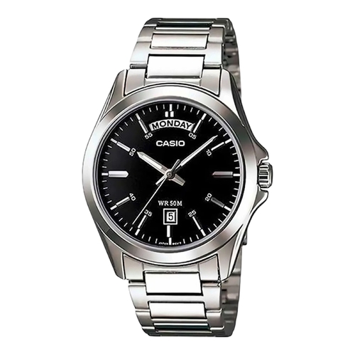 Casio MTP-1370D-1A1V Black Dial Silver Stainless Steel Analog Watch with Day Date