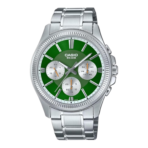 Casio MTP-1375D-3 Mens Analog Watch Green Dial Steel Band Day Date 50M