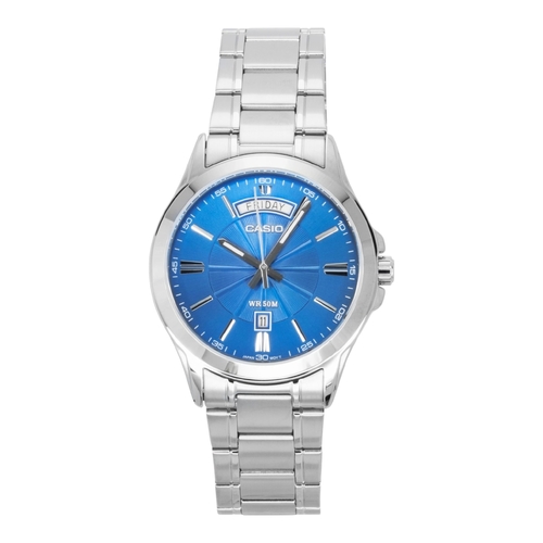 Casio MTP-1381D-2AV Mens Analogue Watch Blue Dial Day Date Silver Steel Band