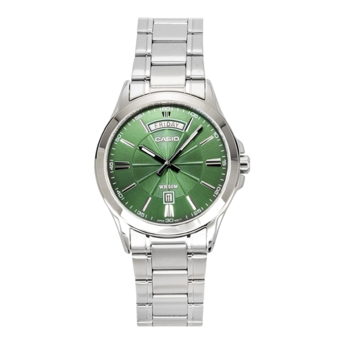 Casio MTP-1381D-3AV Mens Green Dial Stainless Steel Watch 50M Water Resistant