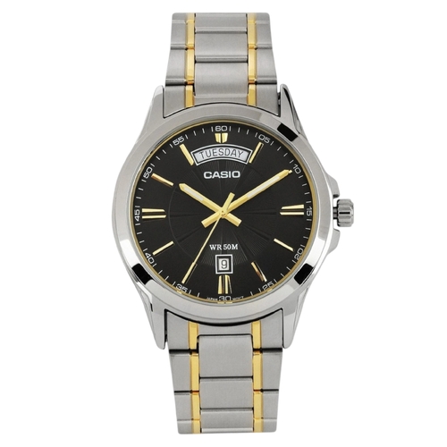 Casio MTP-1381G-1A Mens Watch Black Dial Gold Tone Stainless Steel Day Date
