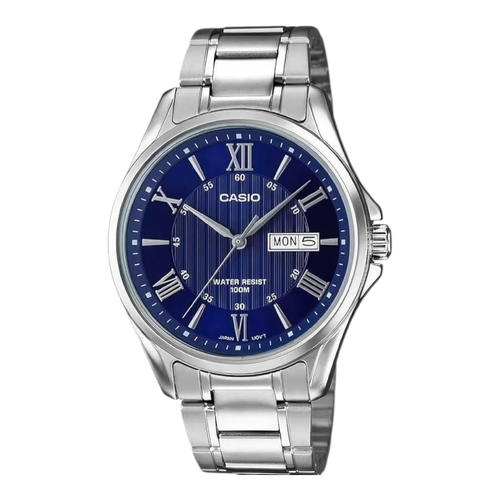 Casio MTP-1384D-2 Mens Watch Blue Dial Stainless Steel Day Date 100M
