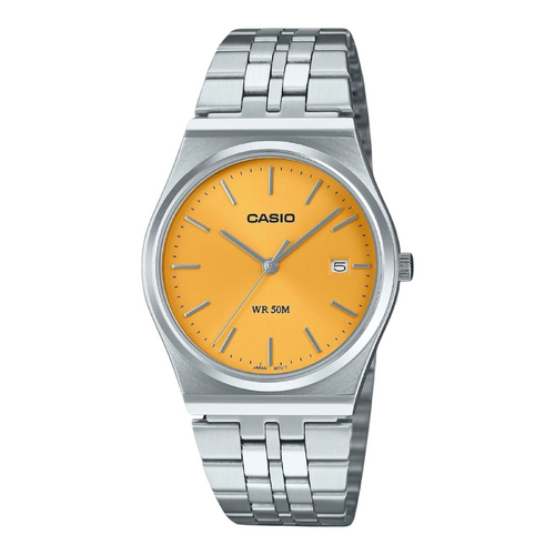 Casio MTP-B145D-9AV Unisex Analog Watch Silver Band Yellow Dial Retro Date