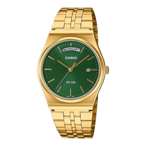 Casio MTP-B146G-3AV Mens Watch Green Dial Gold Steel Band Day Date 50M