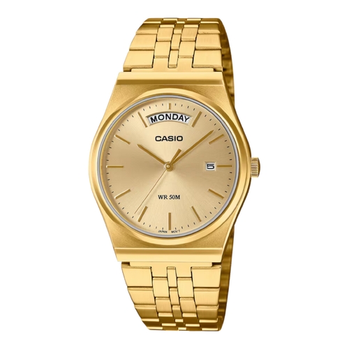 Casio MTP-B146G-9A Mens Gold Retro Analog Steel Band Watch Day Date