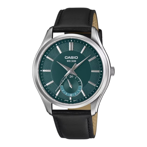 Casio MTP-B315L-3 Mens Analog Watch Green Dial Leather Band 24 Hour Subdial 50M