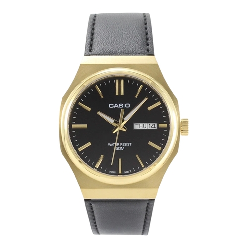 Casio MTP-E735GL-1AV Mens Watch Black Dial Gold Case Leather Strap 50M Water