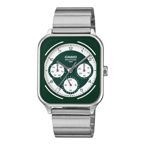 Casio MTP-M307D-3BV Mens Analogue Watch Green Dial Day Date Subdials Steel Band