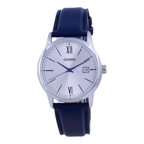 Casio MTP-V002L-2B3 Men&#39;s Blue Leather Band Roman Silver Dial Date Watch
