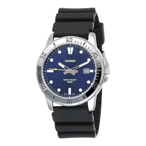 Casio MTP-VD01-2 Mens Watch Blue Dial Black Resin Band Date Analog 50M