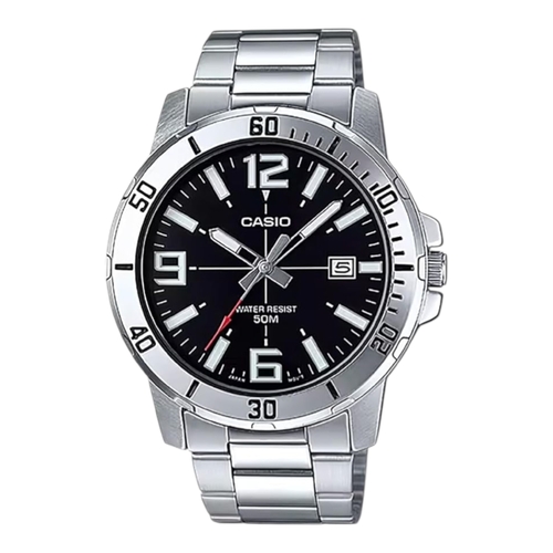 Casio MTP-VD01D-1BV Mens Watch Black Dial Silver Steel Band Date 50M