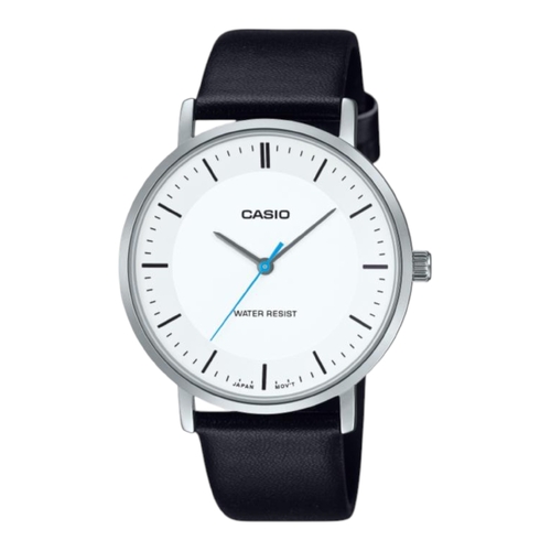 Casio MTP-VT04L-7E Mens Silver Dial Analogue Watch Black Leather Band 40mm