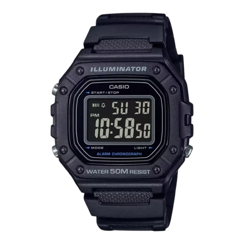 Casio W-218H-1BV Digital Watch Black Resin Band LED Light Stopwatch 50m