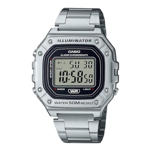 Casio W218HD-1A Unisex Silver Digital Watch Metal Band 50m Water Resist LED
